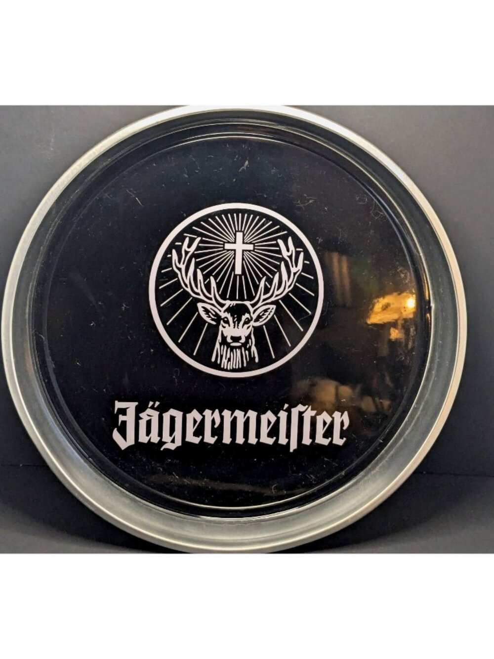 Jägermeister Bar Serving Tray 14-Inch Round Stag Logo Black Silver Metal